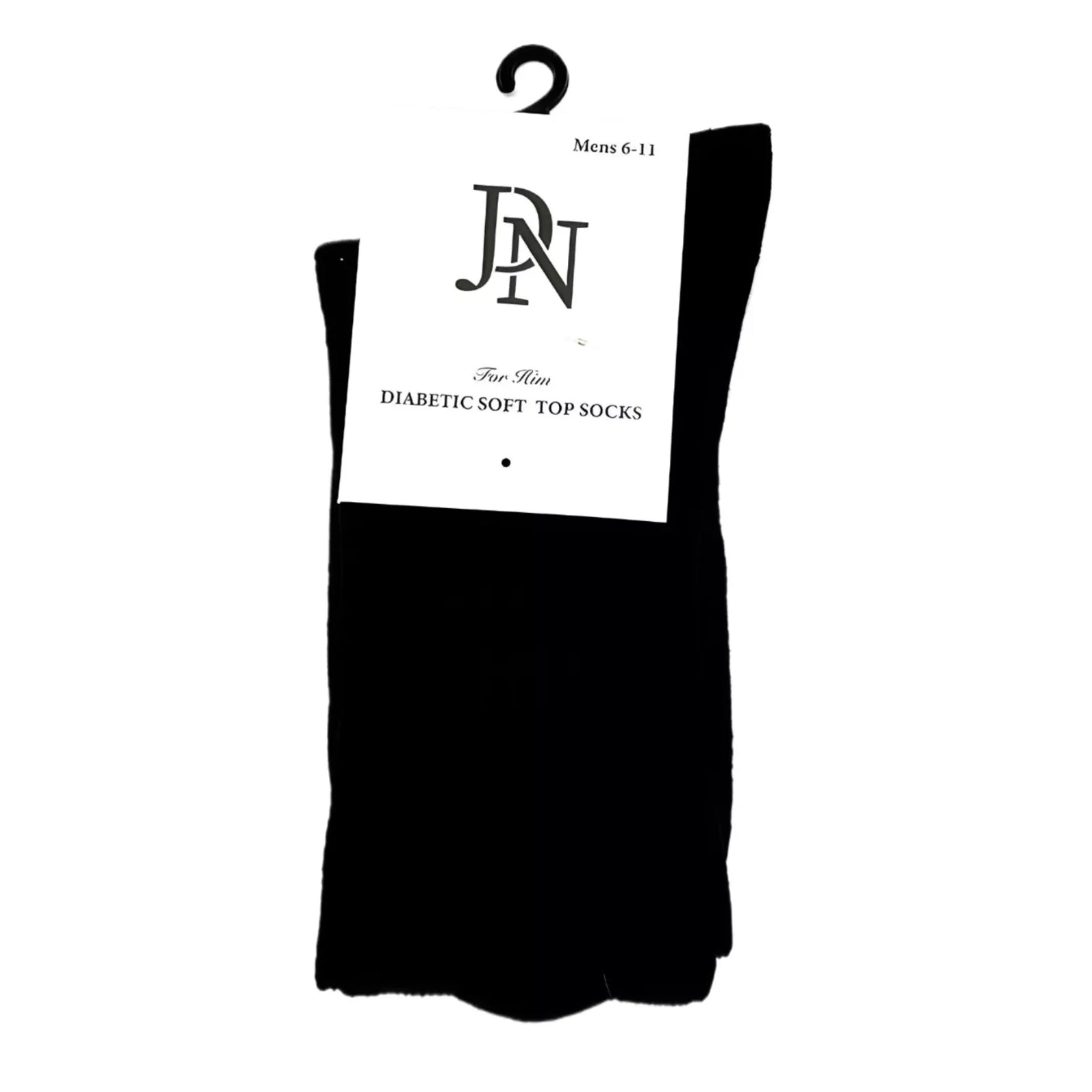 Mens JDN branded black diabetic socks with non-elastic soft top for comfort and circulation support